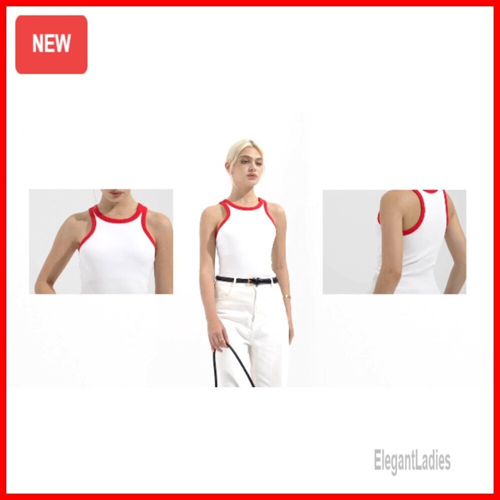 Padded Cotton Ribbed Tank Top High Neck Racerback Basic Tops - Picture 6 of 7